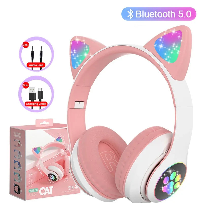 Flash Lamp Cute Cat Headphone Bluetooth