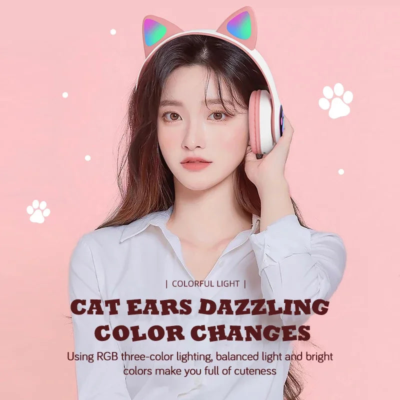 Flash Lamp Cute Cat Headphone Bluetooth